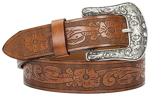 Westliche Ledergürtel für Damen, Türkis-ovale Schnalle, Gravur, Cowgirl-Gürtel für Jeanshosen, braun, abiti per 71-99 cm