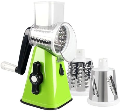 Porceosy Cortador de verduras, cortador de verduras rotativo con 3 cuchillas de acero inoxidable reemplazables, rallador manual de queso con mango multifuncional para pepino, patata, zanahoria,
