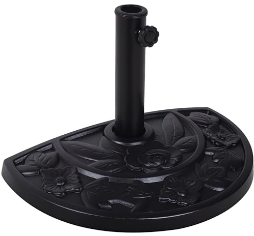 Outsunny Pied de Parasol Base de lestage Parasol Demi-Cercle Poids Net 9 kg résine Aspect Fonte Motif Fleur avec molette de Serrage, dim. 50L x 31l x 32H cm, Noir