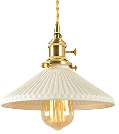 EKSED Pendelleuchte mit weißem Keramikschirm, E27 Lampenfassung Gold und Drehschalter - Hängeleuchte Deckenbeleuchtung mit Goldkabel (Regenschirm)