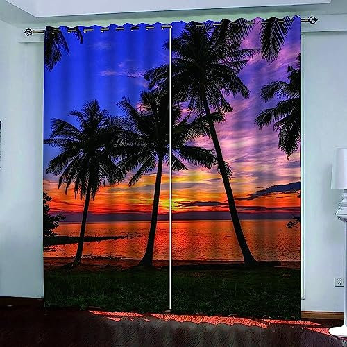 Vorhang Blickdicht Gardinen Mit Ösen - 2 Stücke 2 X 91.5 X 214 Cm Verdunklungsvorhänge 3D Roter Sonnenuntergang Am Meer Muster Thermovorhang Für Schlafzimmer Wohnzimmer Weihnachtsgardinen -8H8K1M6X2K4