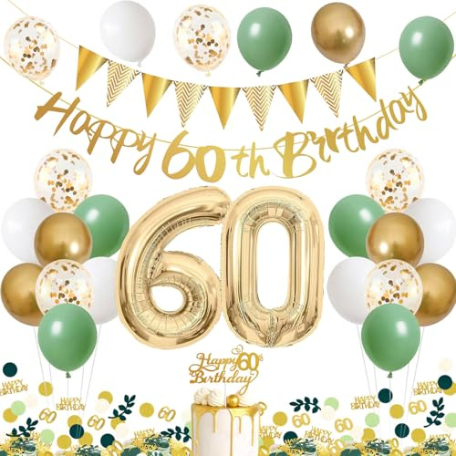 60. Geburtstag Deko Frau Mann,Luftballons Grün Gold Geburtstagsdeko 60 Deko | Salbeigrün Konfetti, Tortentopper, Happy Birthday Banner,Pompoms 30. geburtstag für geburtstagsdeko 60 jahre frau