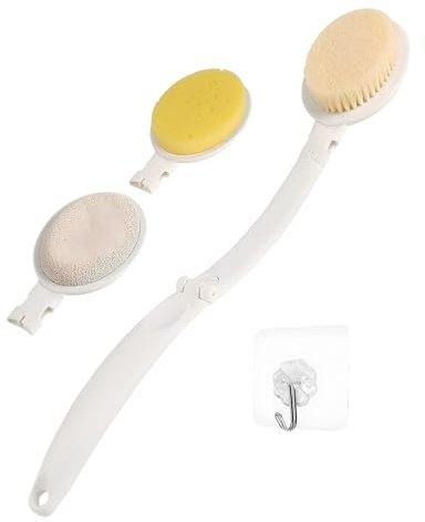 Brosse de Bain, Brosse de Douche 3 en 1 Avec Long Manche Pliant, Avec Poils en Nylon, Pierre Ponce et Têtes de Brosse en éponge, Ldéal Pour L'exfoliation du Dos et L'application de Produits de Soin