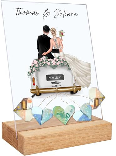 GRAVURZEILE Personalisiertes Geldgeschenk Hochzeit - Acrylglas mit Hochzeitsauto - Premium Hochzeitsgeschenke für Brautpaar - Hochzeitsgeschenke Geld - Hochzeit Geschenk - Mit Name und Datum