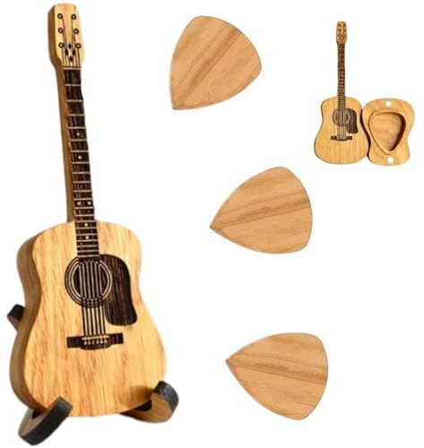 Wooden Acoustic Guitar Pick Box with 3 Picks, Storage Container - Music Art Gift for Guitar Ukulele Lover