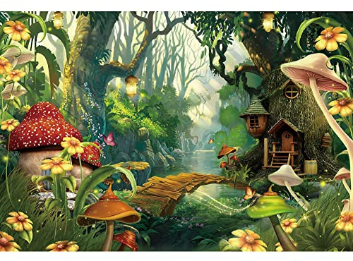 Xiaoterna 9x6ft Forest Backdrop Enchanted Mushroom Butterfly Fantasy Wonderland Spring Flower Photography Background Wooden House Arch Bridge Stream Backdrop Adults Kids Portrait Photo Props