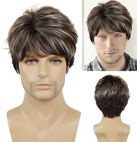 Parrucchino da Uomo Parrucca da festa for cosplay resistente al calore naturale Parrucca da uomo sintetica Parrucca riccia corta con capelli grigi mix nero for parrucca regalo for padre maschio Parruc