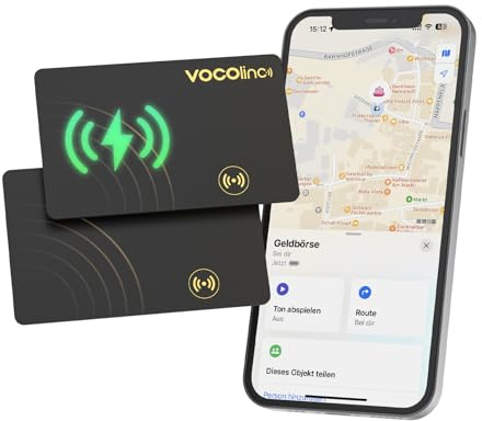 VOCOlinc Rechargeable Wallet Tracker Card Ultra Fin, Air Tag Traceur Carte Lot de 2, Bluetooth Localisateurs d’Objets Compatible avec Apple Localiser (iOS Uniquement) pour Portefeuille Bagages Valise