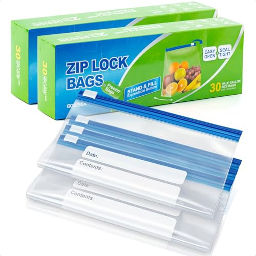 GobiSea 60-Pack Zip Lock Freezer Bags - 2.27L, Ziplock Sandwich Bags Food Storage Bag Zip Seal, BPA-Free Freezer Bag Ziplock with Expandable Bottom for Fruits, Veggies, Meat, Snacks