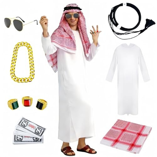 Maazusa Arabisches Gewand für Herren 9 Stück Scheich Kostüm Stirnband Overall Bandana Brille Halskette Ringe Karneval Kostüm für Welttag des Buches Fasching Karneval (Erwachsen, XL)