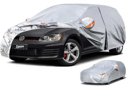 Kayme Autoplane,Autoabdeckung Wasserdicht Atmungsaktiv,Auto Abdeckplane für Regen Sonne Staub Schutz,Auto Abdeckung für VW Golf, Focus,Peugeot 308,Kia ceed.Siehe AutoGrößentabelle A3,Silber