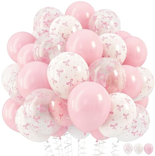 HILAVO Pink Bow Balloons, 12 Inch Pastel Light Pink Transparent White Bow Print Coquette Balloon for Girls Women Birthday Bachelorette Party Bridal Baby Shower Wedding Anniversary Decorations Supplies