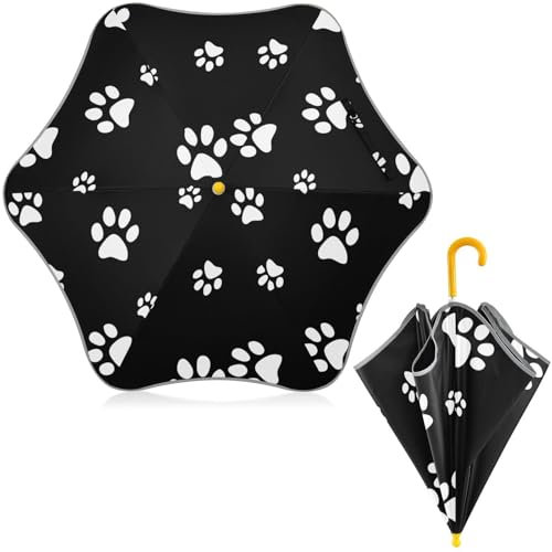 Kinder-Regenschirm, weiß, Pfotenabdruck-Dekor, wasserdicht, leicht, winddicht, Schulschirm mit J-förmigem Griff, langer Regenschirm für Jungen und Mädchen, multi, 25.6''(65cm)