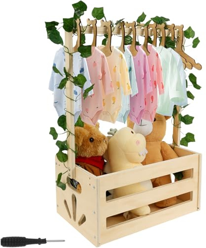 Gatphy Baby Korb für Neugeborene Holz 34x23x17cm, Babykorb mit 10 x Puppenkleiderbügel, 24 x Brief, 1x Kranz Holz EIN Geschenkkorb Der mit Stofftieren Grußkarten Kleidung Ergänzt Kann