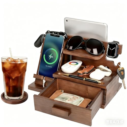 Docking station in legno per cellulare con cassetti, compatibile con Apple Watch, stazione di ricarica in legno, comodino, da uomo, tablet, chiavi, occhiali, EDC