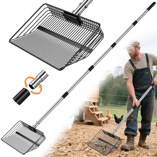 30cm groß Hühnerkotschaufel, 4-In-1 Verstellbare Hühnerstall Zubehör 91-190cm | Hühner Zubehör Siebschaufel Metall, Chicken Poop Scooper zum Reinigen von Hühnerställen Ziegenställen Ställen(11.8 Zoll)