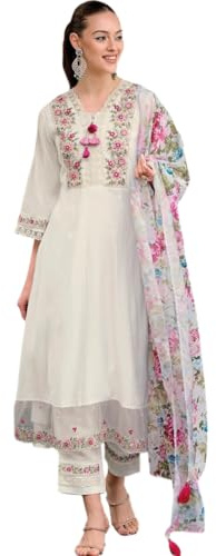 ONPEAK Traditional Ethnic Wear 3 Pc salwar suit for women partywear wedding indian festive outfit, White, M