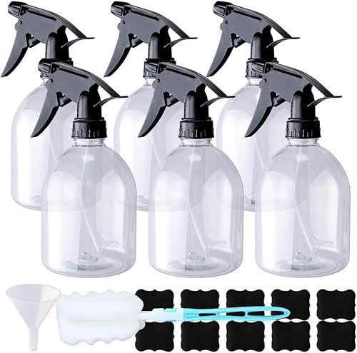 Lot de 6 flacons pulvérisateurs vides rechargeables en plastique transparent de 500 ml pour solutions de nettoyage, plantes, cheveux, pulvérisateur à gâchette réglable (entonnoir, étiquettes et brosse