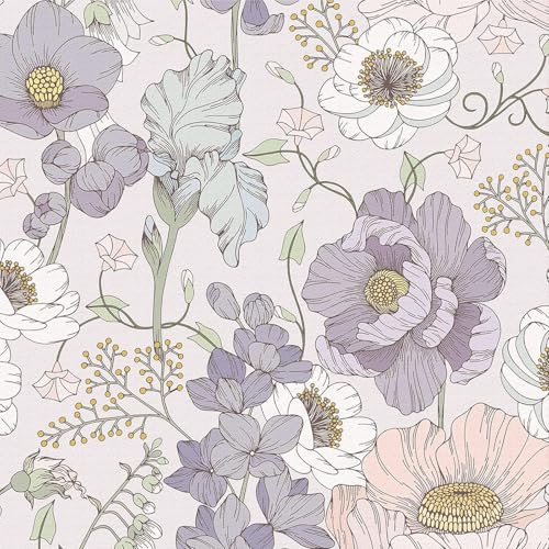 LZH-LP Papier Peint Autocollant, 44x600CM Vintage Coquelicot Floral Rose Violet Sans Couture Papier Contact Décoller Coller Vinyle Film Décoratif Amovible pour Armoires Murales