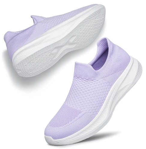Raoendis Women Slip On Trainers Workout Shoes Ladies Slip On Sneakers, Comfortable Breathable Lightweight Mesh Running Shoes Fashion Casual Purple Size 5