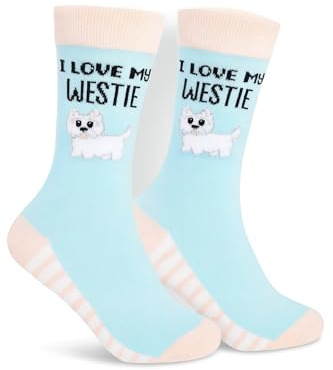 I Love My Westie Dog Lover Crew Socks, Light Blue Cotton Blend, Unisex Size 6-11, Novelty Pet Design