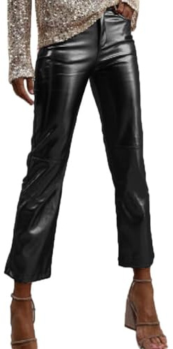 Generisch Pantaloni da donna metallizzati brillanti, taglio dritto, per il tempo libero, casual, tinta unita, look bagnato, leggings da danza, feste, discoteca, pantaloni dorati da donna, B nero, XL