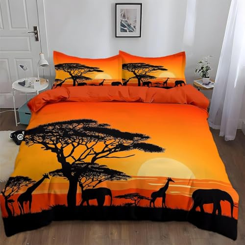 Set Copripiumino Matrimoniale Africa, Copripiumino Reversibile Esotico in Morbida Microfibra Stampato 3D, Biancheria da Letto 240x220 Esotico 3 Pezzi con Federe m3322