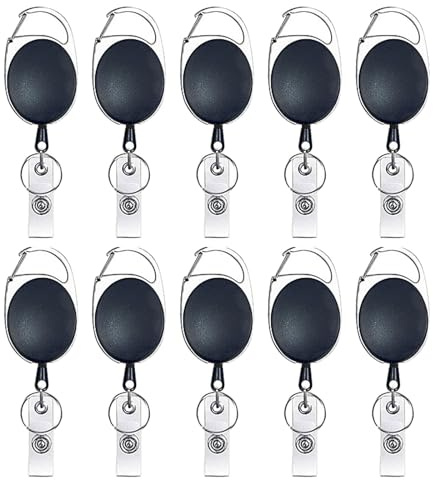 JVHLOV Lot de 10 Porte-Badge Enrouleurs Rétractables 60 cm, Noir | Porte-clés avec mousqueton et clip ceinture, pour carte d’identité, badge et clés