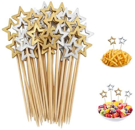 Katyjun 100 Stück 14 cm Zahnstocher Holz mit glatter Struktur ohne Splitter, Cocktail Deko für Party Buffet und Geburtstag, Fingerfood Spieße Stern Form Gold Silber Bambus
