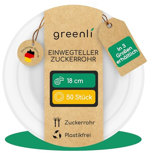 greenli® Einwegteller aus Zuckerrohr – 18 cm Ø, 50 Stück – Plastikfrei – In 3 Größen erhältlich (18, 23, 26 cm) – Die stabile Alternative zu Papptellern