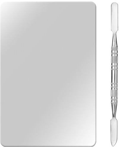 Uonlytech Palette de Maquillage en Acier Inoxydable avec Spatule, Petite Taille Portable, Plateau de Mélange pour Fond de Teint, Pigments et Nail Art, Outil Professionnel pour Maquilleurs