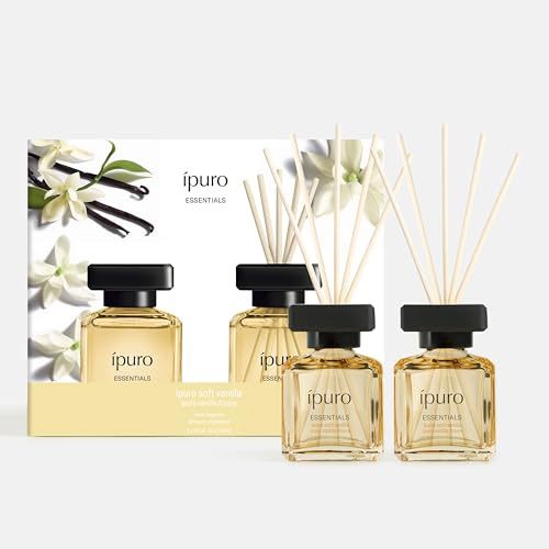 ipuro Essentials SOFT VANILLA Raumduft mit Stäbchen 2x50 ml - Raumerfrischer mit Vanille, Sandelholz, Lakritz, Pfirsichblüte & Karamell Duft Aroma - Diffuser mit Stäbchen - Lufterfrischer