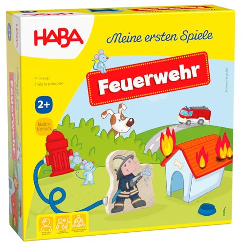 HABA Feuerwehr – Meine ersten Spiele – interaktives Feuerwehr Spielzeug für Kinder ab 2 Jahren, Spieleschachtel Wird zur bespielbaren Feuerwache – Memospiel für 1-4 Spieler – 1303807001