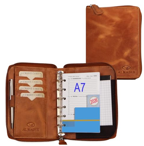 ALMADIH Leder A7 Organizer mit Reißverschluss + Kalender 2026 Notizblock Premium Rindsleder Braun Deluxe in Geschenkbox Ledermappe Mappe Schreibmappe Terminplaner Terminkalender Aktenmappe (BD)