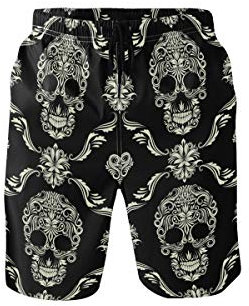 CaTaKu Retro-Badehose mit mexikanischem Totenkopf-Motiv, Strand-Shorts, Sommer-Board-Anzüge, schnell trocknendes Mesh-Futter für Herren zum Schwimmen und Baden - mehrfarbig - Klein