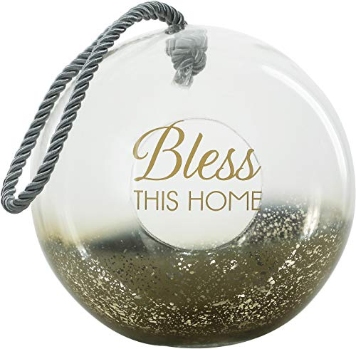 Pavilion Gift Company Bless This Home-11.5 Inch Gold Glitter Candle Holder Blown Glass Lantern with Rope
