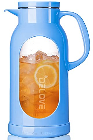 Delove 68 oz/2 Liter Glass Pitcher with Shatterproof Shell - Heat Resistant Glass Liner - Stainless Steel Lid - Carafe & Jug for Iced Tea,Hot/Cold Water,Homemade Juice Beverages (Blue)