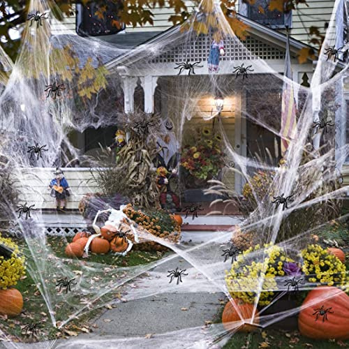 LUCYLEXIXI Halloween White Spinnennetz, Dehnbare Spinnennetze mit 100 Stück Kleine Spinnen Genug, um 1000 m² zu Bedecken ,Halloween-Dekor Partyzubehör für draußen und drinnen (300 g Spinnennetz)