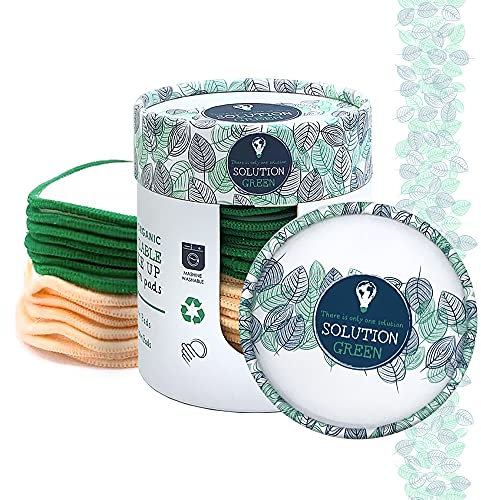 Solution Green Organic Cotton 20x Reusable Makeup Remover Pads | Bamboo Fibre | Gift for Her | Washable in Organic Cotton Laundry Bag And Rotating Round Paper Box | Reusable Cotton Rounds | Christmas