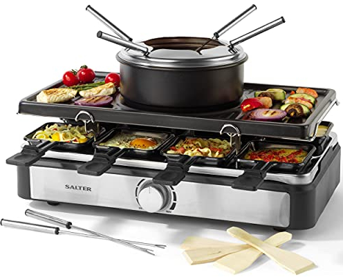 Salter Electric Raclette Grill & Fondue - 2-in-1 Smokeless Indoor Grill, 1.3L Chocolate Melting/Cheese Fondue Pot, 6 Forks, Adjustable Temperature, 8 Non-Stick Pans & Wooden Spatulas, 1400W