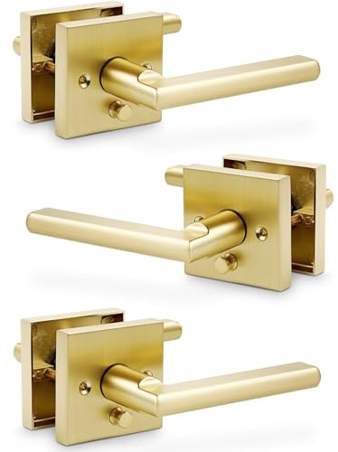 Linkaa Brushed Gold Interior Door Lever (Heavy Duty Zinc Alloy,Satin Brass Door Handles Lever with Push Lock, Keyless Lock Interior for Bedroom Bathroom（Privacy，Brass Gold，3 Pack）
