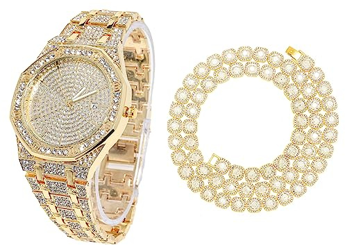 Halukakah Diamant Golduhr für Männer,18k Echtgold/Platin Weißgold Plattiert Quarz Armband 22cm Achteckiges Zifferblatt,mit Diamant-Cluster Tennis-Ketten Halskette Armband-Set Optionen,mit Geschenkbox