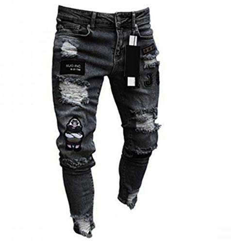WQZYY&ASDCD Jeans Vaqueros Pantalon Pantalones Vaqueros Elásticos con Estampado De Motociclista Rasgados Y Rasgados para Hombre