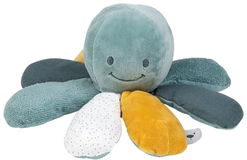 Nattou Aktiv-Kuscheltier aus Baumwolle und Polyester, Kuscheltier-Oktopus mit Rassel und Quietsche, Für Neugeborene und Frühchen, Ca. 28 cm, Lapidou, Grün