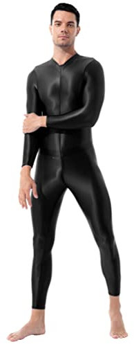 dPois Herren Overall Jumpsuit Lang Sport Bodysuit Einteiler Body Langarm Sportanzug Nylon Ganzkörperanzug Unterwäsche Skinny Stretch Schwarz One Size