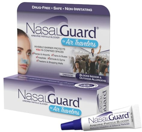 NasalGuard Airborne Particle Blocker Nasal Gel for Air Travelers - Drug-Free, Non-irritating, Non-drowsy, Ideal for Airplane Travel (Unscented) - Over 150 Applications Per Tube (0.1 oz, Pack of 1)