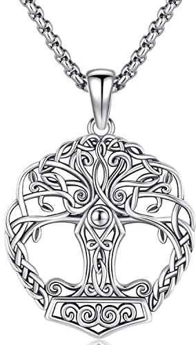 Colgante Árbol de la Vida Hombres, Collar Árbol de la Vida Plata 925, Vikingo Collar Martillo de Thor Colgante, Vikingo Martillo de Thor para Hombres