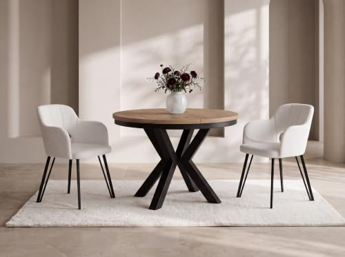 WFL GROUP Runder Ausziehbarer Esstisch im Loft-Stil - Industrieller Tisch mit Schwarzen Metallbeinen - Platzsparender Tisch für Wohnzimmer - Eiche Hellbraun - 100 bis 180 cm