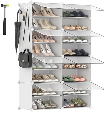 SONGMICS Interlocking Shoe Rack, Plastic Shoe Storage Cabinet, 8-Slot Modular Storage Organiser Unit, 30 x 40 x 30 cm for Each Slot, with Doors, Steel Frame, Plastic Panels, White LPC034W01