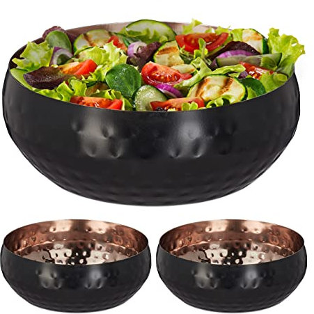 Relaxdays 3X Ciotola da Portata, Insalatiera Ø 13 cm, Design Martellato, Scodella, Acciaio Inox, per Tavola e Cucina, Nero Ramato